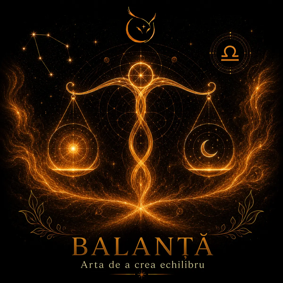 Balanță — zodia de aer, simbol constelație și balanță aurie cu soare și lună pe talere