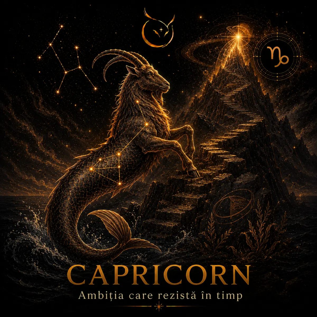 Capricorn — zodia de pământ, simbol constelație și capricorn cu coadă de pește urcând spre vârf