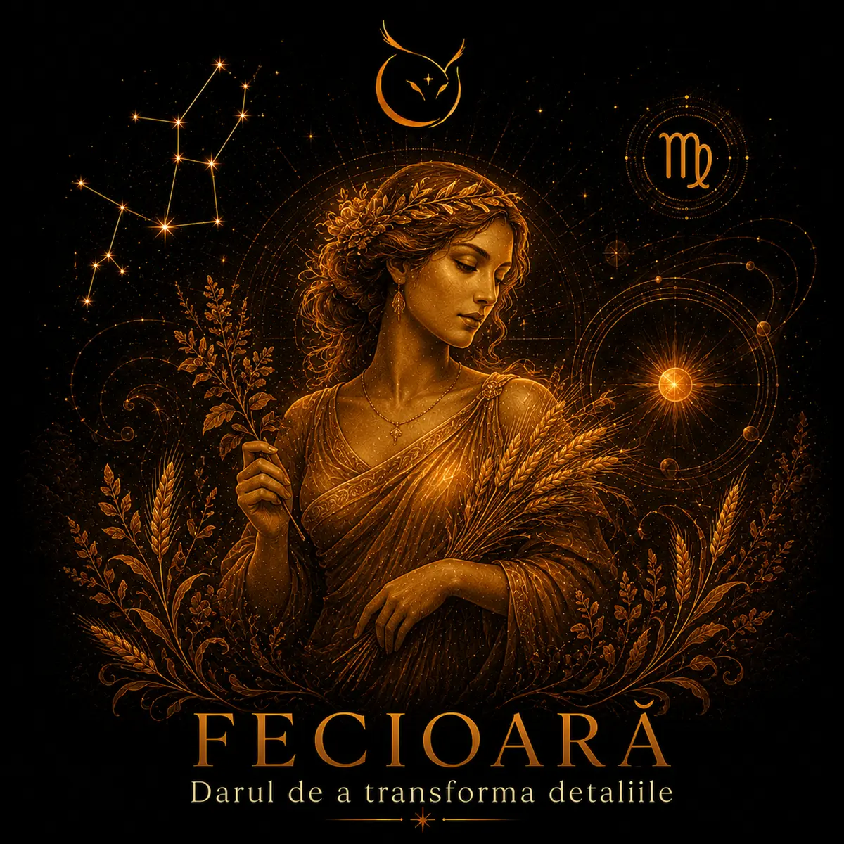 Fecioară — zodia de pământ, simbol constelație și fecioară cu spice de grâu în lumină aurie