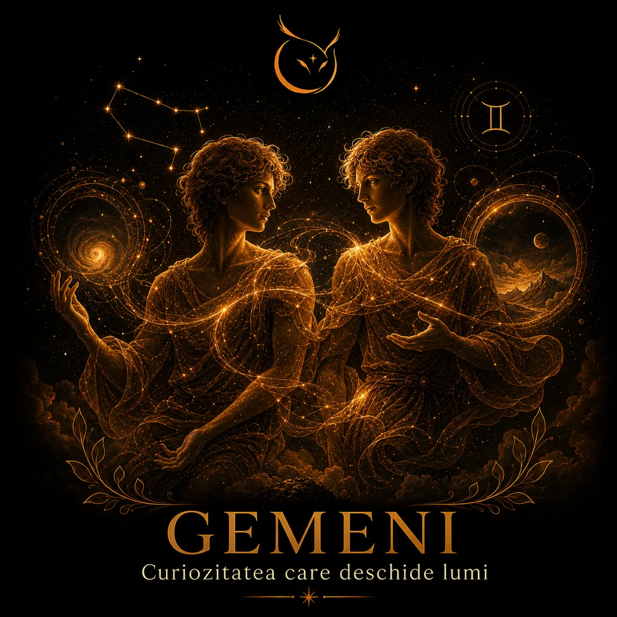 Gemeni — zodia de aer, simbol constelație și cei doi frați gemeni în lumină aurie