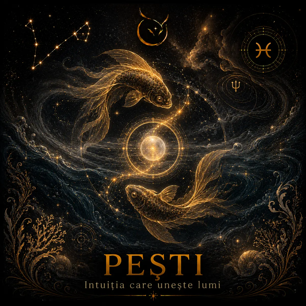 Pești — zodia de apă, simbol constelație și doi pești aurii înotând în jurul unei sfere de lumină