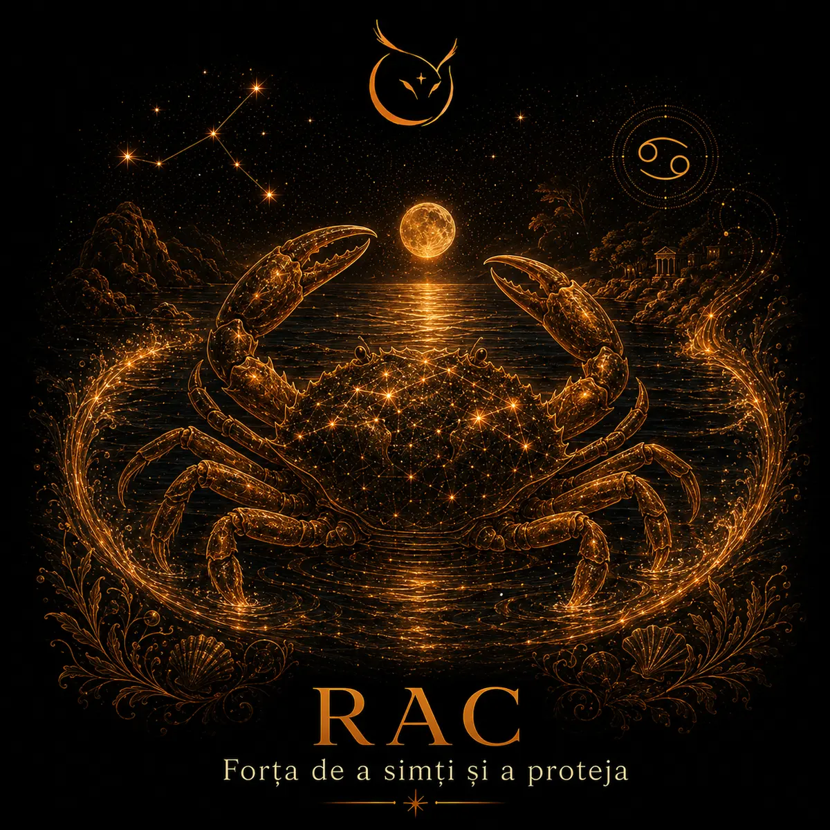 Rac — zodia de apă, simbol constelație și rac auriu sub luna plină deasupra mării