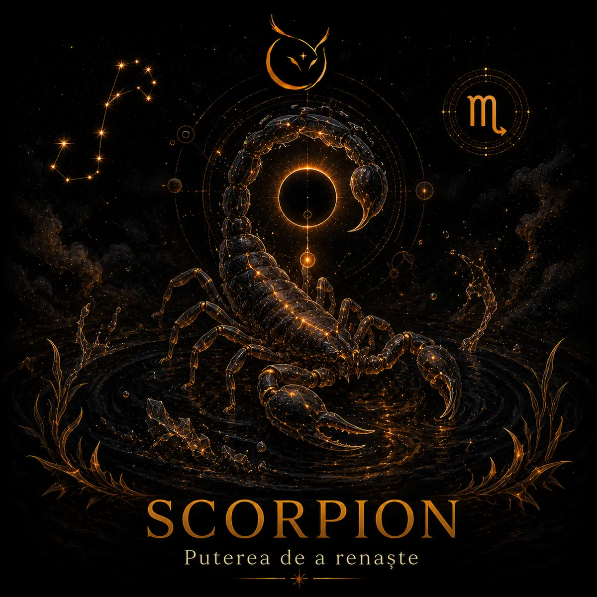 Scorpion — zodia de apă, simbol constelație și scorpion auriu în fața unei eclipse